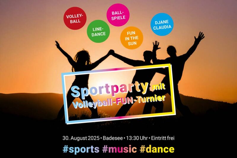 Ankündigung als Bild der Sportparty mit Volleyballl-FUN-Turnier